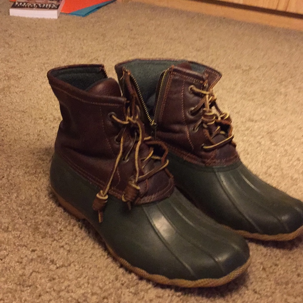 Green and brown Sperry Duck Boots